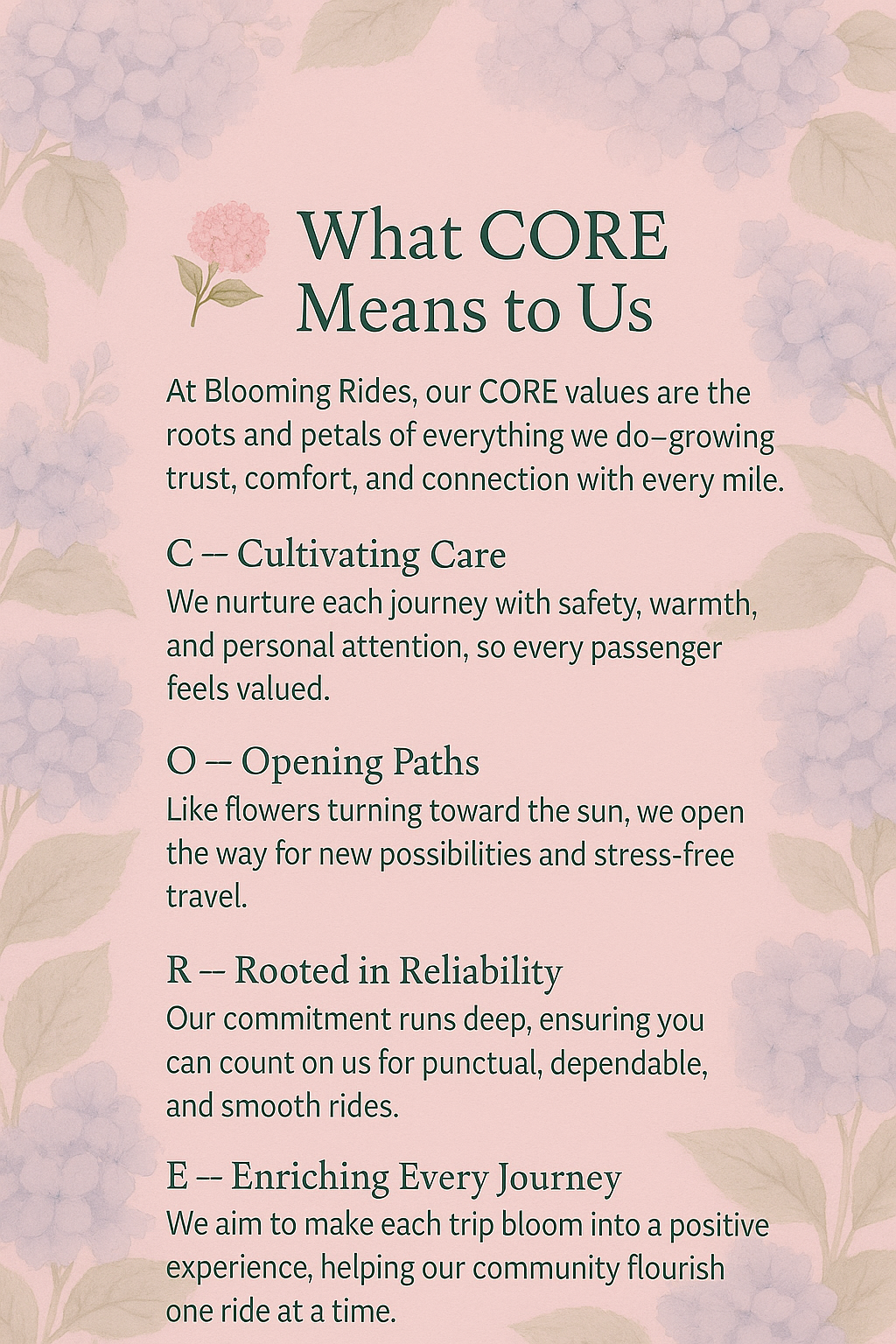 Blooming Rides Core Values