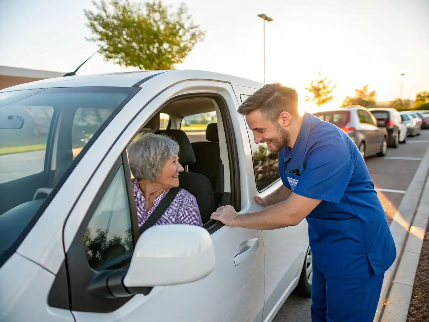 A friendly and professional driver assisting a senior passenger with boarding a Blooming Rides van, showcasing the company's commitment to customer care and accessibility.
