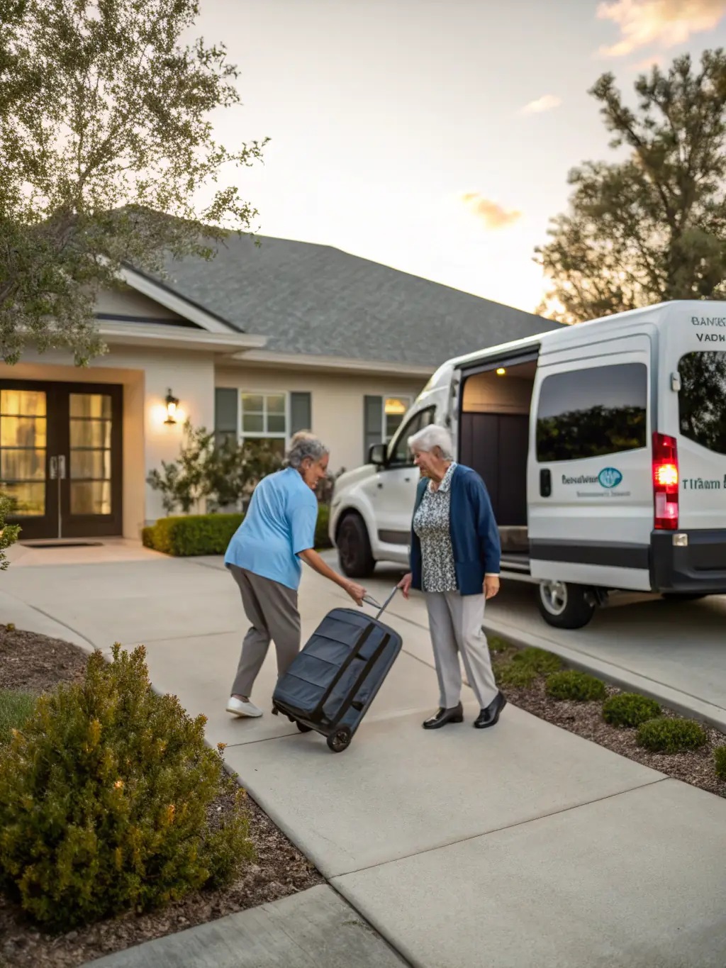 A driver assisting a passenger with luggage at their home, showcasing door-to-door service.
