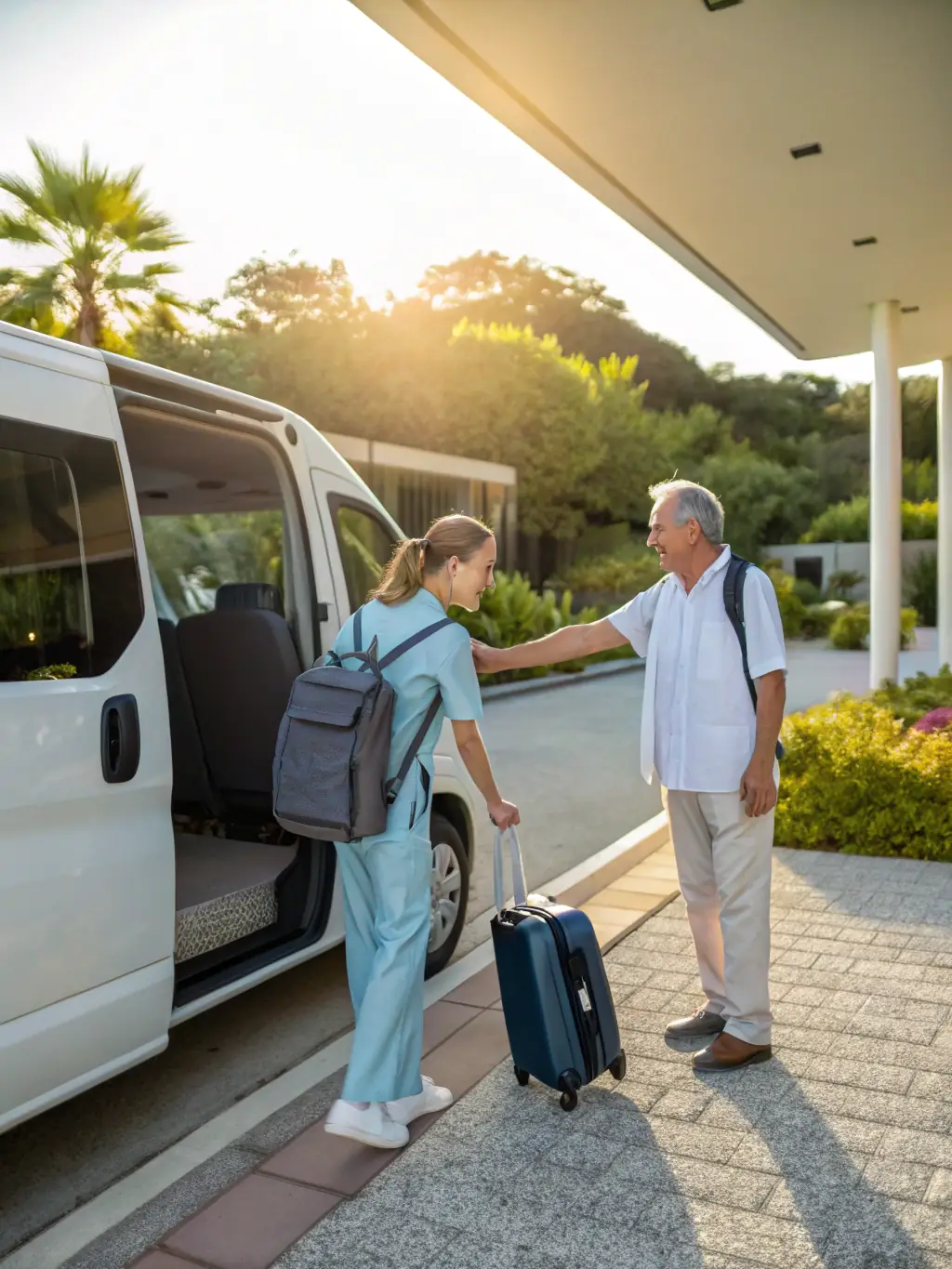A modern, clean wheelchair-accessible van parked in front of a medical building, with a friendly driver assisting a senior passenger.